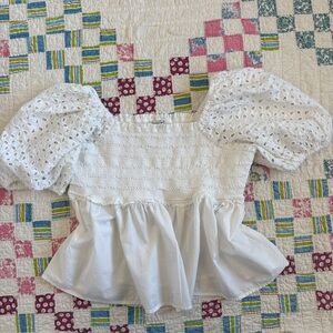 American Eagle White Eyelet Puff Sleeve Off Shoulder Peplum Summer Casual
